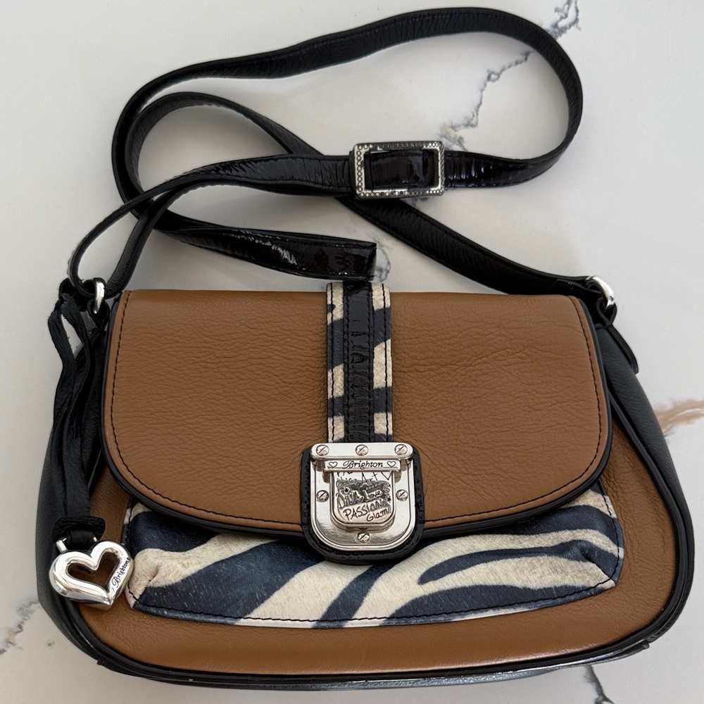 BRIGHTON TAN LEATHER ZEBRA PRINT DIVA LOVE PASSION GLAM CROSSBODY BAG